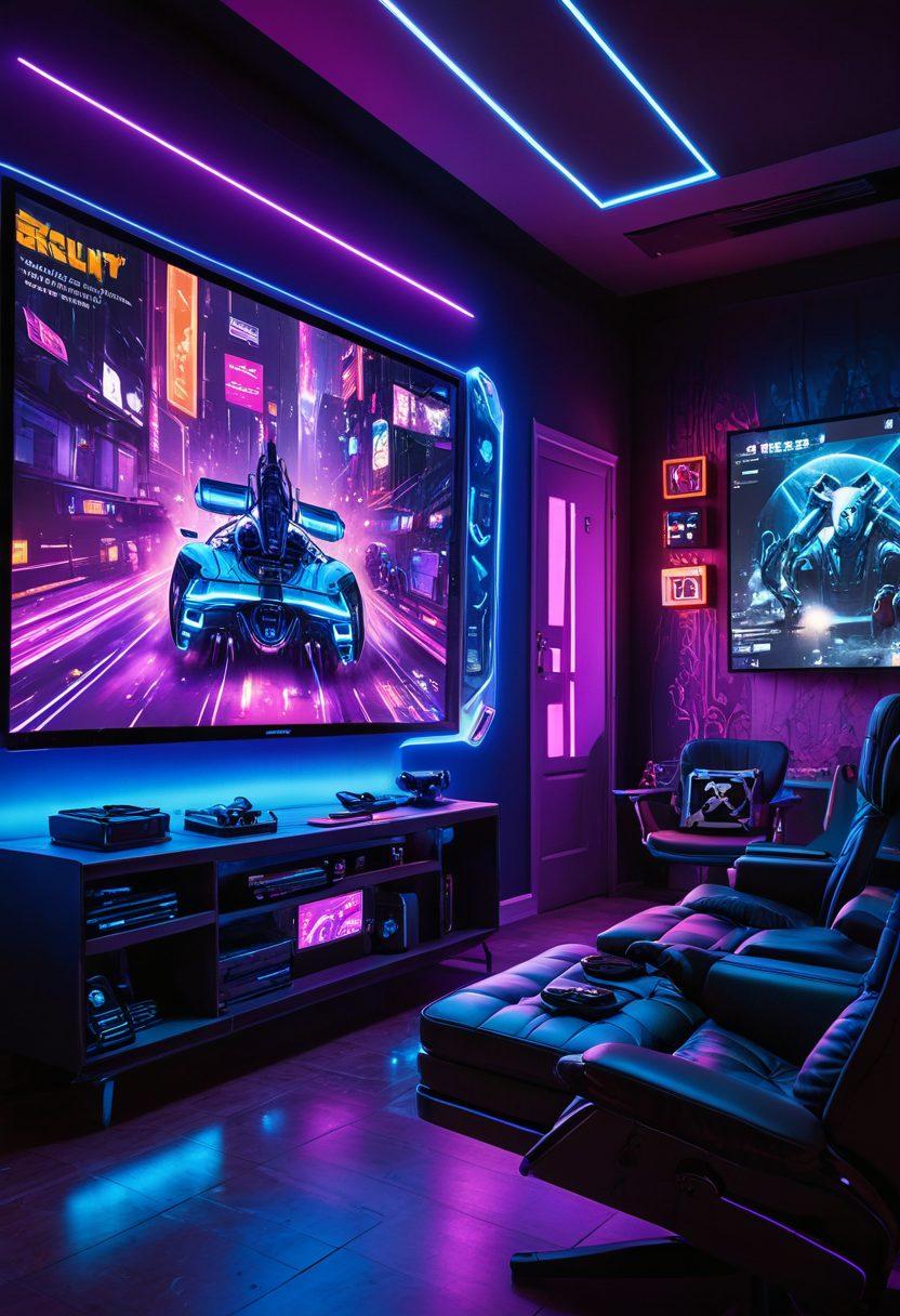 A futuristic gaming setup featuring a sleek console and mobile device, both displaying vibrant emulation graphics. In the background, a holographic screen shows various popular game icons, blending retro and modern aesthetics. Add elements like gaming controllers and virtual reality headsets to emphasize the immersive experience. Incorporate neon blue and purple lighting for a tech-savvy vibe. cyberpunk. super-realistic. vibrant colors.