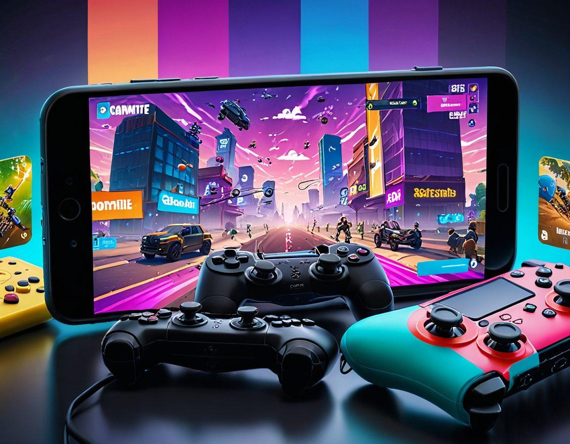 A split-screen graphic showcasing a mobile device on one side and a gaming console on the other, both featuring vibrant game interfaces. Include icons of popular games and representations of emulators in the background, with a futuristic circuit pattern weaving through. The scene should convey the evolution of gaming from mobile to console. super-realistic. vibrant colors. 3D.
