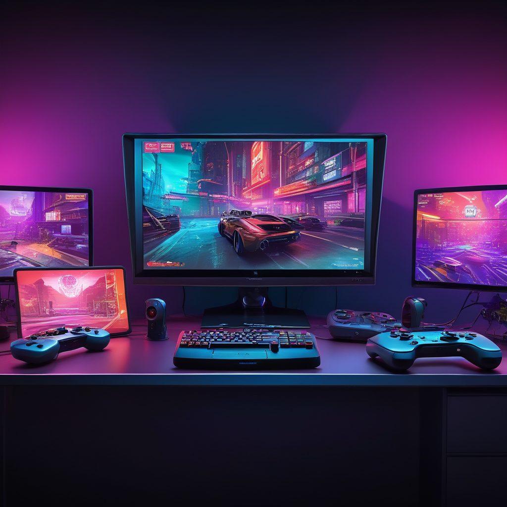 A dynamic collage featuring various gaming emulators on multiple screens, showcasing gameplay from different eras, with vivid graphics and iconic game characters bursting through the screens. Include a futuristic gaming setup with neon lights, a controller, and digital interfaces displaying the latest updates and comparisons. The atmosphere should be immersive and energetic, capturing the essence of gaming evolution. hyper-realistic. vibrant colors. cyberpunk.